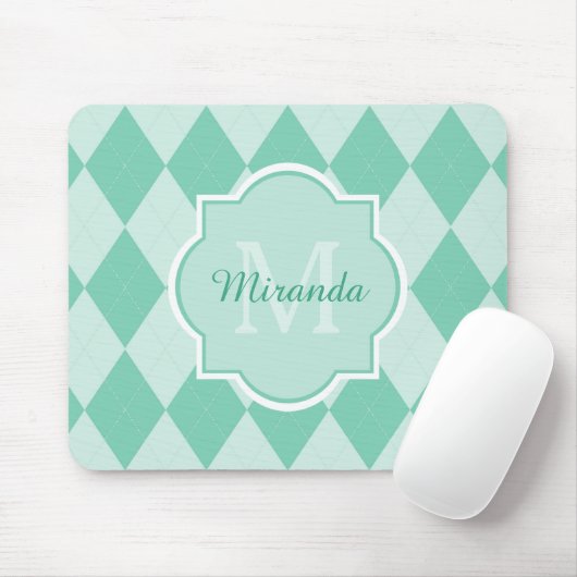 Preppy Mint Green Argyle Girly Monogram en naam Muismat (Met muis)