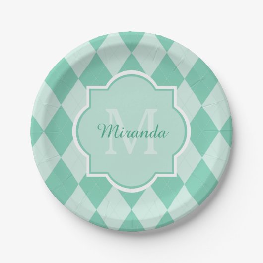 Preppy Mint Green Argyle Girly Monogram en naam Papieren Bordje (Voorkant)