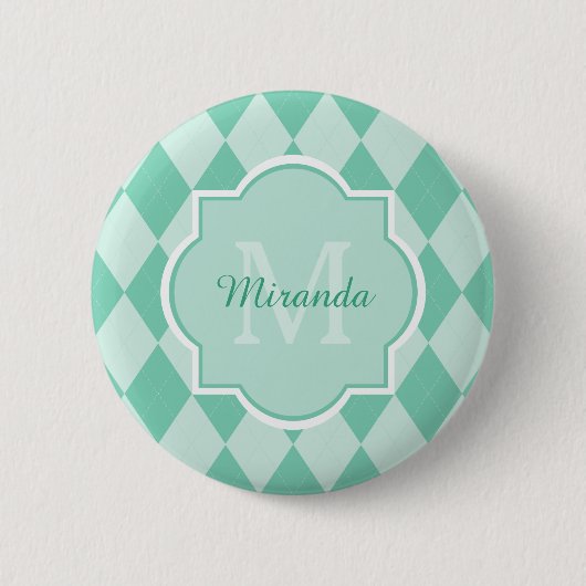 Preppy Mint Green Argyle Girly Monogram en naam Ronde Button 5,7 Cm (Voorkant)