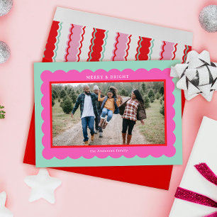 Preppy Mint Roze Rood Eenvoudig Scallop Fotolijst Feestdagenkaart