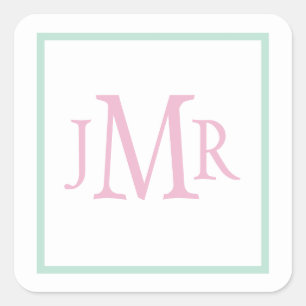 Preppy mintgroene & roze monogram vierkante sticker