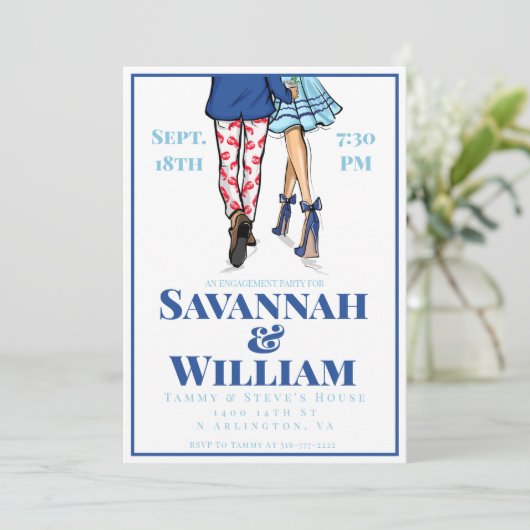 Preppy Mode Illustratie Engagement Party Navy Kaart (Staand voorkant)