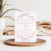 Preppy Modern Pink Gingham Bow Baptism Kaart
