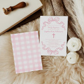 Preppy Moderne Roze Gingham Strik Doop Kaart