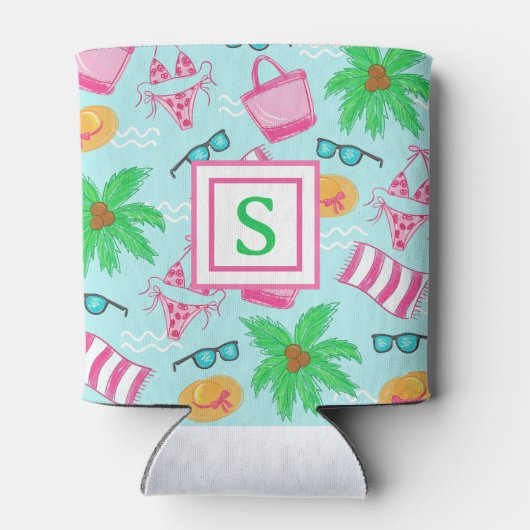 Preppy Monogram Beach Bikini Handdoek Palm Tree Ha Blikjeskoeler (Achterkant)