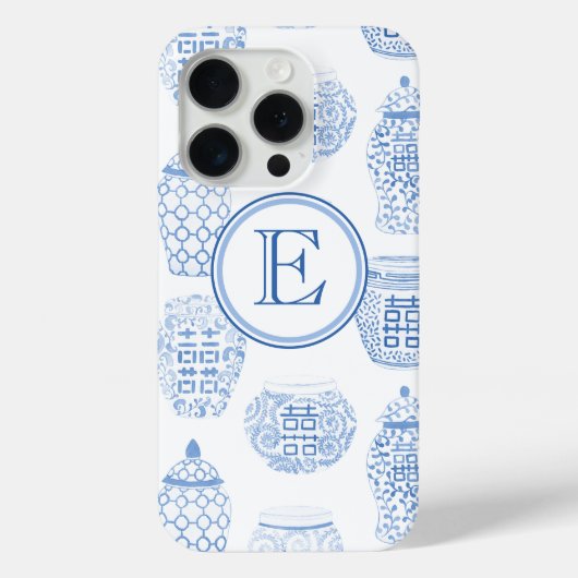 Preppy Monogram Blauw en Wit Chinees Ginger Jar Case-Mate iPhone Case (Achterkant)