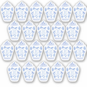 Preppy Monogram Blauw En Wit Ginger Pot Sticker