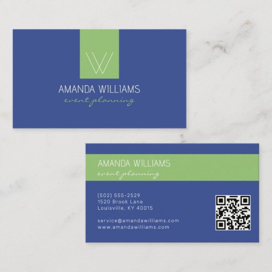 Preppy Monogram Blauw Wit Groen Professioneel Visitekaartje (Voorkant / Achterkant)