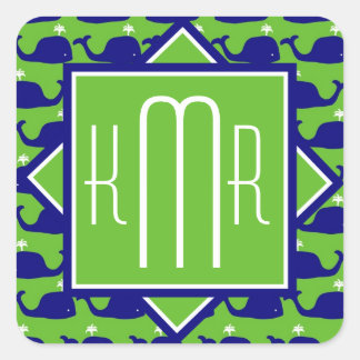 Preppy Monogram | Blauwe en groene walvissen Vierkante Sticker