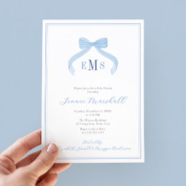 Preppy Monogram Blue Bow Boy Baby shower Party Kaart