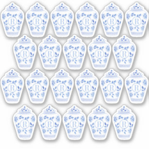 Preppy Monogram Blue en White Ginger Jar Sticker