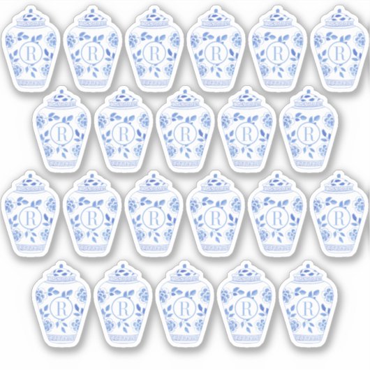 Preppy Monogram Blue en White Ginger Jar Sticker (Voorkant)