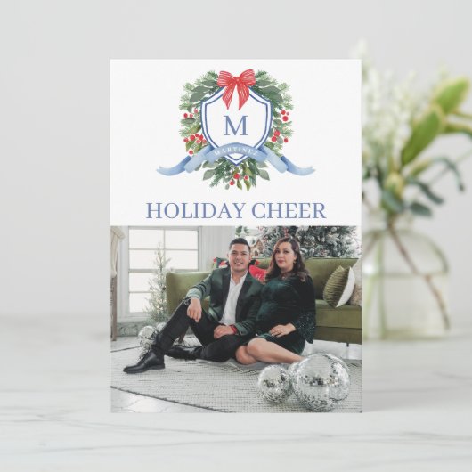 Preppy Monogram Crest Vakantie Fotokaart Feestdagenkaart (Staand voorkant)