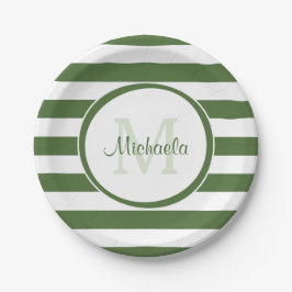 Preppy Monogram en Chunky Treetop Green Stripes Papieren Bordje