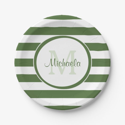 Preppy Monogram en Chunky Treetop Green Stripes Papieren Bordje (Voorkant)
