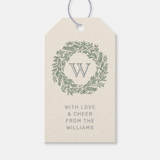 Preppy Monogram Gift Label met Sage Green Krans Cadeaulabel (Voorkant)