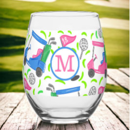 Preppy Monogram Golf Roze Blauw Golfkar Patroon Wijnglas Zonder Voet