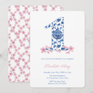 Preppy Monogram Meisje 1e Verjaardagsfeestje Kaart