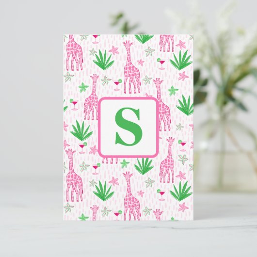 Preppy Monogram Mini Giraffes Cosmopolitans Grass Bedankkaart (Staand voorkant)