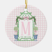 Preppy Monogram Pagode met Roze Gingham Bow Keramisch Ornament (Voorkant)