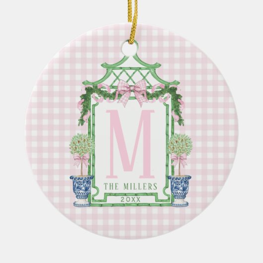 Preppy Monogram Pagode met Roze Gingham Bow Keramisch Ornament (Voorkant)