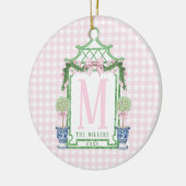 Preppy Monogram Pagode met Roze Gingham Bow Keramisch Ornament (Links)