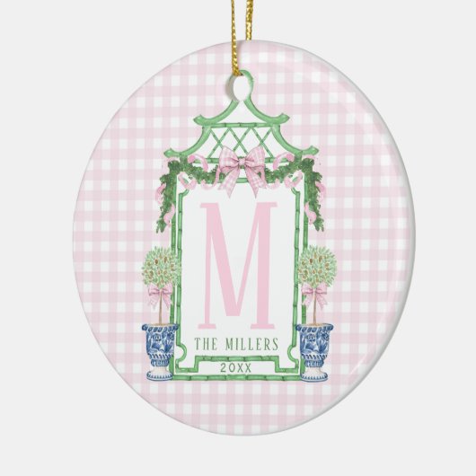 Preppy Monogram Pagode met Roze Gingham Bow Keramisch Ornament (Links)