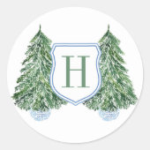 Preppy Monogram Pine Tree Feestdagen Ronde Sticker (Voorkant)