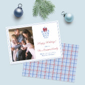 Preppy Monogram Red Bow Familie Kerstfoto Feestdagenkaart