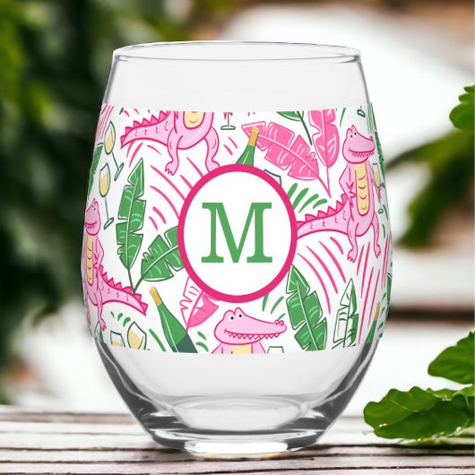 Preppy Monogram Roze Alligator Wijn Wijnglas Zonder Voet