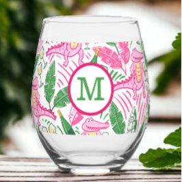 Preppy Monogram Roze Alligator Wijn  Wijnglas Zonder Voet