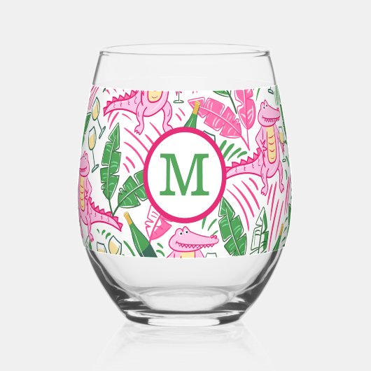 Preppy Monogram Roze Alligator Wijn Wijnglas Zonder Voet (Achterkant)