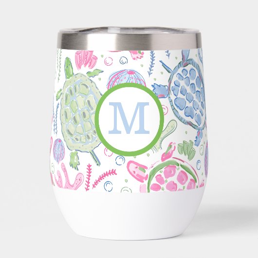 Preppy Monogram Roze Blauw Zee Schildpadden (Achterkant)