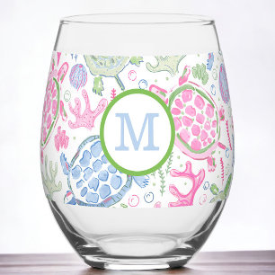 Preppy Monogram Roze Blauw Zee Schildpadden Wijnglas Zonder Voet