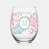 Preppy Monogram Roze Blauwe Zeeschildpadden  Wijnglas Zonder Voet (Achterkant)