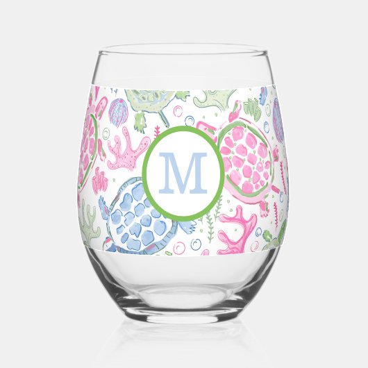 Preppy Monogram Roze Blauwe Zeeschildpadden  Wijnglas Zonder Voet (Achterkant)
