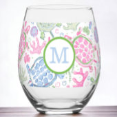Preppy Monogram Roze Blauwe Zeeschildpadden  Wijnglas Zonder Voet
