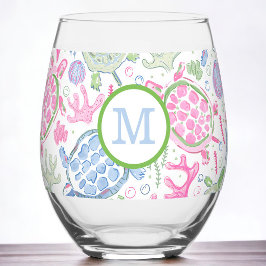 Preppy Monogram Roze Blauwe Zeeschildpadden  Wijnglas Zonder Voet