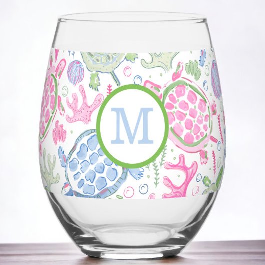 Preppy Monogram Roze Blauwe Zeeschildpadden  Wijnglas Zonder Voet