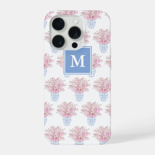 Preppy Monogram Roze Bloemen Blauw Witte Ginger Po iPhone Hoesje (Achterkant)