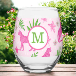 Preppy Monogram Roze Cheetah Roze Achtergrond Wijnglas Zonder Voet