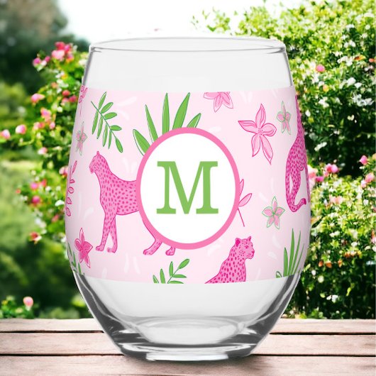 Preppy Monogram Roze Cheetah Roze Achtergrond Wijnglas Zonder Voet