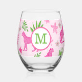 Preppy Monogram Roze Cheetah Roze Achtergrond Wijnglas Zonder Voet (Achterkant)