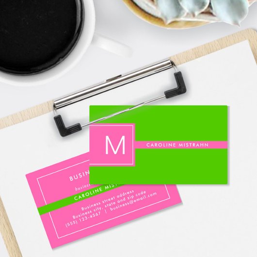 Preppy Monogram Roze en Lime Green Professional Visitekaartje