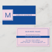 Preppy Monogram Roze en Navy Blue Professional Visitekaartje (Voorkant / Achterkant)