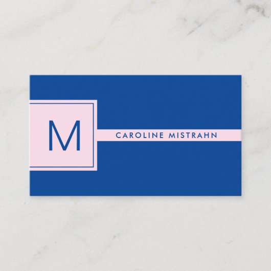 Preppy Monogram Roze en Navy Blue Professional Visitekaartje (Voorkant)