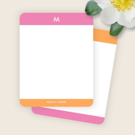 Preppy Monogram Roze en Oranje Meisjesachtig Notitiekaartje