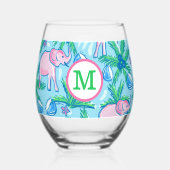 Preppy Monogram Roze Olifant Palmboom  Wijnglas Zonder Voet (Achterkant)