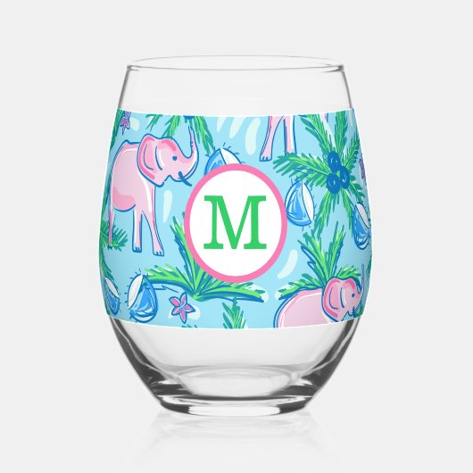 Preppy Monogram Roze Olifant Palmboom  Wijnglas Zonder Voet (Achterkant)