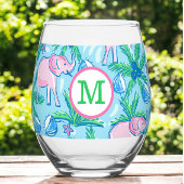 Preppy Monogram Roze Olifant Palmboom  Wijnglas Zonder Voet